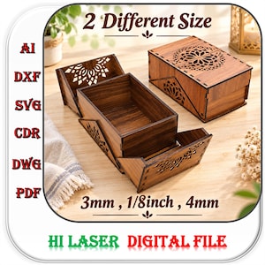 Lasergeschnittene Geschenkbox mit Deckel in 2 verschiedenen Größen, 3 mm und 4 mm, aus Holz. SVG-, DXF- und AI-Schnittdateien.