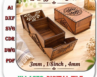 Laser Cut Gift Box with lid in 2 Different Size, 3mm 1/8inch 4mm Wooden Gift Box Svg Dxf Ai Cut File