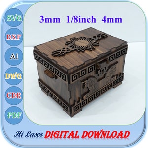 File di taglio laser sul petto di gioielli in legno, file di taglio Ai Svg Dxf Ai per portagioie da 3 mm 4 mm 1/8 pollici