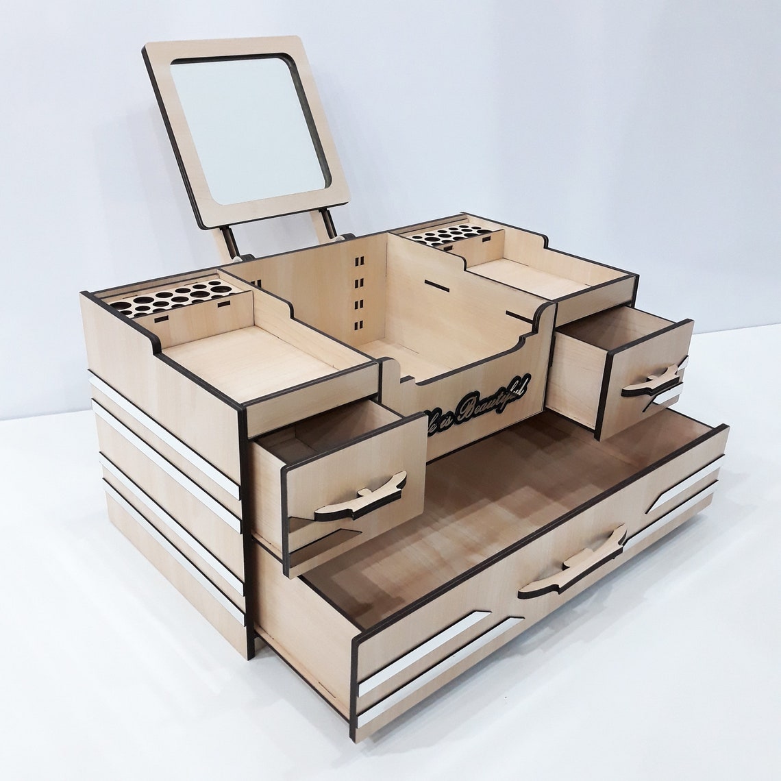 Laser Cut Wooden Makeup Box With Mirror , 3mm 1/8inch Wooden Jewelry ...