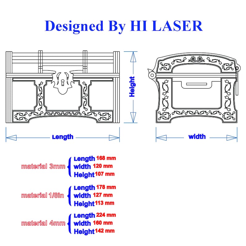 Skattkista laserskuren fil träkista SVG forntida kista Dxf smyckeskrin klippfiler Glowforge-låda antik skattkista i trä SVG bild 6