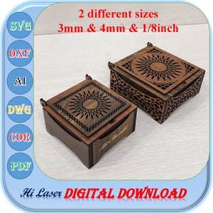 Caja de regalo de madera cortada con láser en 2 tamaños diferentes, archivo de corte de caja de joyería de 3 mm, 4 mm y 1/8 de pulgada, plantilla de caja de regalo de madera