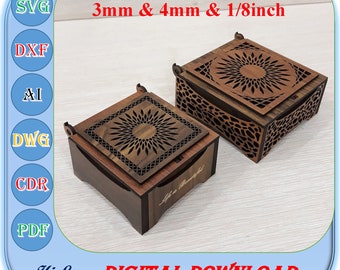 Laser Cut Wooden Gift Box in 2 Different Size, 3mm 4mm 1/8 inch Jewelry Box Cut File, Wooden Gift Box Template