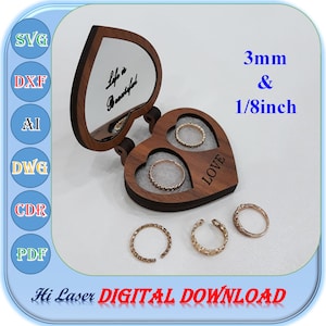 Caja de madera para anillos Svg Dxf Ai, archivo de caja de anillo cortado con láser de 3 mm 1/8 pulgadas, plantilla de caja de anillo de boda