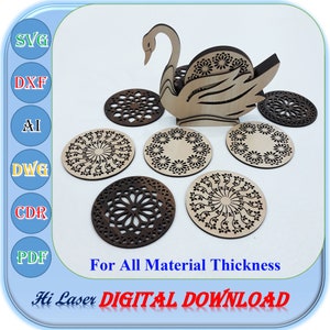 Swan Shaped Wooden Laser Cut Coaster with Holder Svg Dxf AI Files