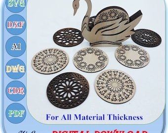 Swan Shaped Wooden Laser Cut Coaster with Holder Svg Dxf AI Files