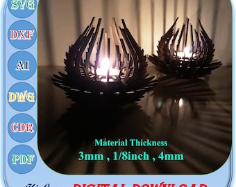 May include: Two black wooden candle holders with a geometric design. The candle holders are made of thin strips of wood that are arranged in a circular pattern. The candle holders are lit with candles inside. The text "Material Thickness 3mm, 1/8inch, 4mm" is visible below the candle holders. The text "Hi Laser DIGITAL DOWNLOAD" is visible below the text about the material thickness.