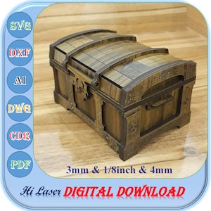 Cofre del tesoro archivo cortado con láser Cofre de madera SVG Cofre antiguo Dxf Caja de joyería Archivos cortados Glowforge Caja Caja de tesoro antigua de madera SVG