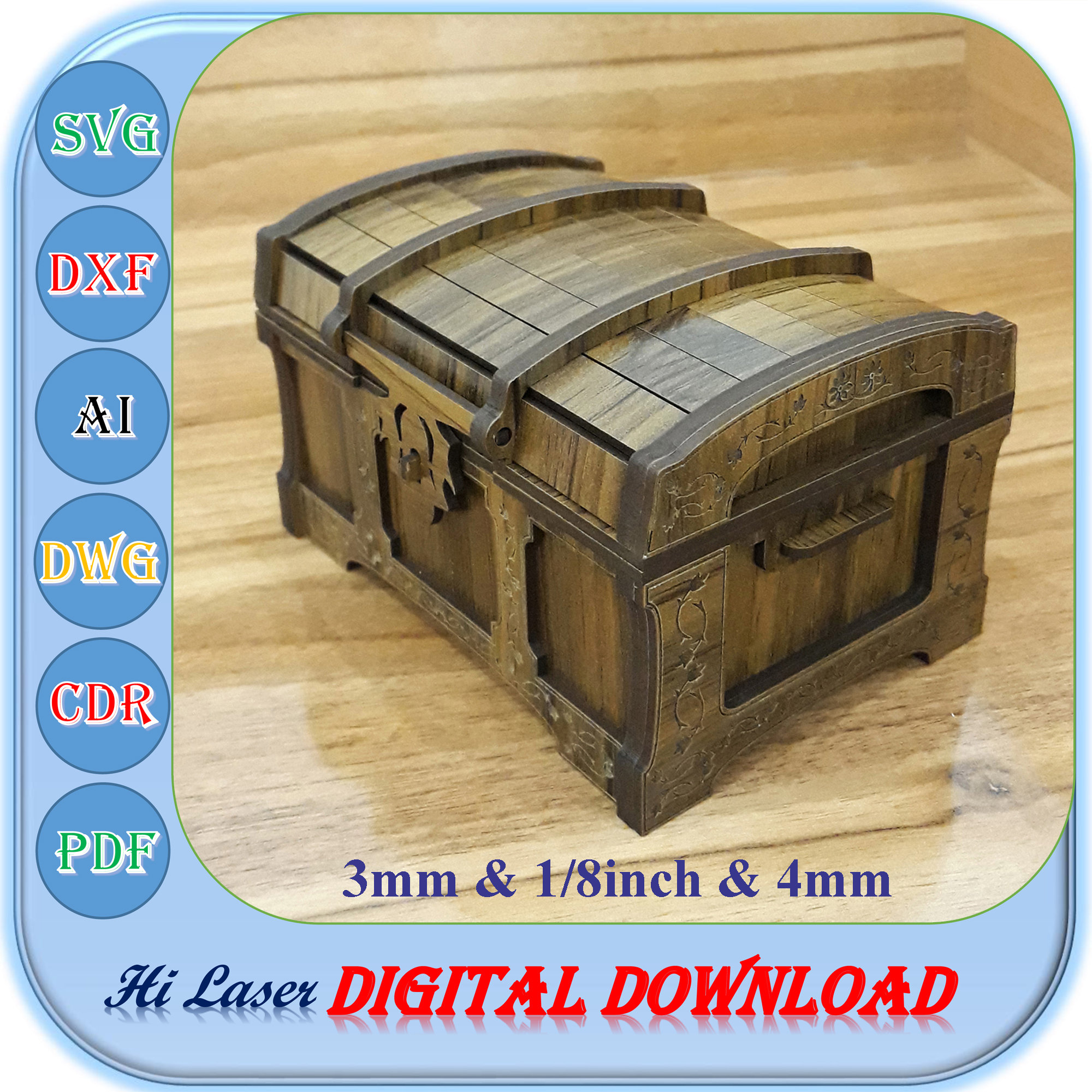 Treasure Box Design Treasure Chest Laser Cut File Wooden Chest SVG Ancient Chest Dxf ...