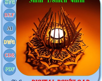 May include: A wooden candle holder with a decorative floral design. The holder is designed to fit a small tea light candle. The text "3mm 1/8inch 4mm" and "Hi Laser DIGITAL DOWNLOAD" is visible in the image.