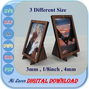 May include: Three wooden picture frames with a brown wood finish. The frames are in three different sizes: 3mm, 1/8 inch, and 4mm. The frames are designed to stand upright on a table or shelf.