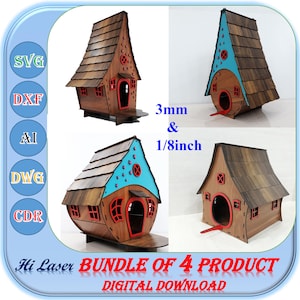 Lasergesneden vogelhuisje bundel van 4 producten: 3 mm, 1/8 inch dikte SVG/DXF AI-bestanden