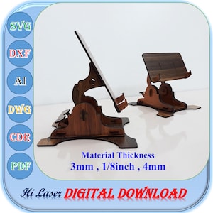 Soporte para teléfono con archivos cortados con láser en ángulo giratorio, 3 mm, 1/8 de pulgada, 4 mm, SVG, DXF, AI