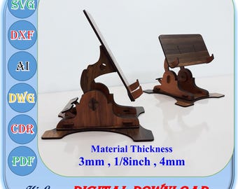 Soporte para teléfono con archivos cortados con láser en ángulo giratorio, 3 mm, 1/8 de pulgada, 4 mm, SVG, DXF, AI