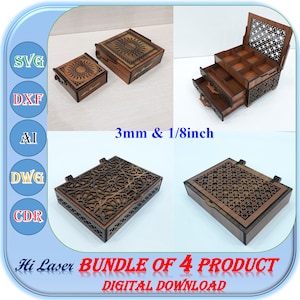 Laser-Schnitt-Geschenk und Schmuck-Box-Bundle von 4 Produkt svg Dxf Ai 3mm, 1/8inch Dicke