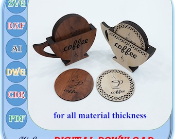Posavasos de café cortado con láser con soporte Archivos Svg Dxf Ai para todo el material de espesor