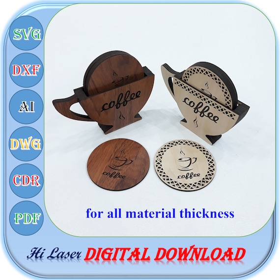 Laser Cut Coffee Coaster with Holder Svg Dxf Ai Files for All Thickness Material