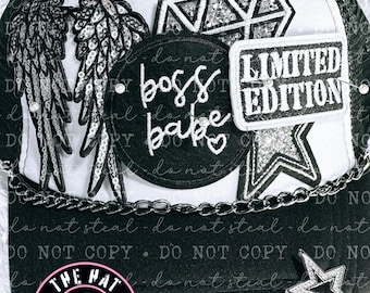 Limited Edition BOSS BABE Trucker Hut - Trucker Patch Hut, Bügelflicken, Trucker Hut, Damen Trucker Hut, Schwarz Weißer Hut mit Patches