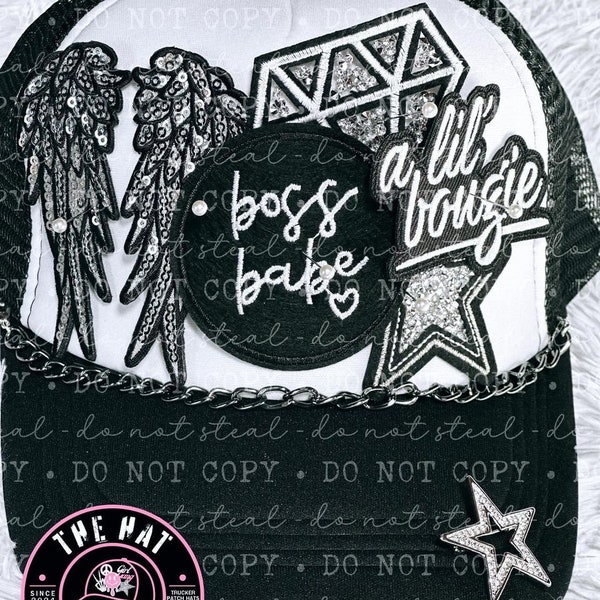 a lil' bougie BOSS BABE Trucker Hat - Trucker Patch Hat, Iron Patches, Trucker Hat, Women's Trucker Hat, Black and White Hat With Patches