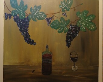 Peinture sur toile tendue acrylique, "vigne et vin", Fêtes des mères, cadeau
