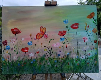 Wunderschönes Acrylgemälde auf Leinwand mit Schmetterlingen und Blumen, lebendige Kunst mit Schmetterlingen und Blumen auf Leinwand, lebendiges Acrylgemälde.