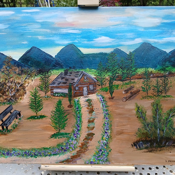 Agréable tableau mural en toile acrylique, peint à la main, représentant une paisible scène de paysage sur toile acrylique.