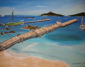 Peinture sur toile acrylique "corse Pinarellu village marin"
