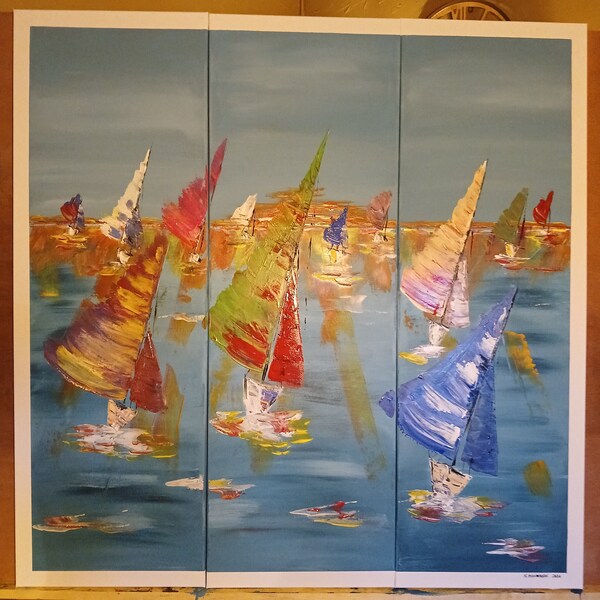 Peinture sur toile acrylique "Course de voiliers" tryptique