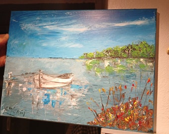 Peinture sur toile acrylique "barque sur l'eau"