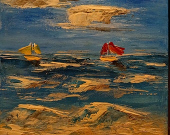 Peinture sur toile acrylique "voiliers en mer agitée"