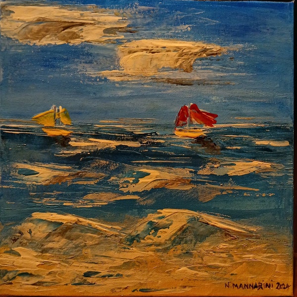 Peinture sur toile acrylique "voiliers en mer agitée"