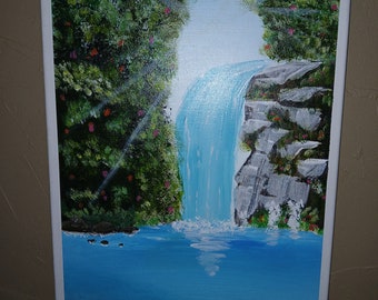 Paysage de cascade peint à la main, peinture sur toile tendue acrylique, peinture contemporaine de cascade, Fêtes des mères, cadeau