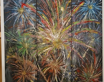 Peinture sur toile acrylique "Feu artifice en Corse" tryptique