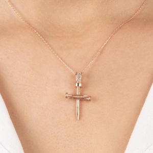 14k Gold Nail Cross Pendant Necklace, Diamond Cross Pendant, Protection Necklace, Christian Jewelry, Baptism Gift, Religious Jewelry Women