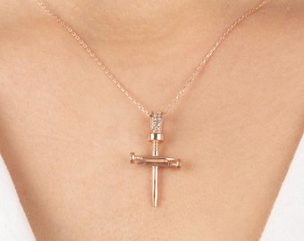 14k Gold Nail Cross Pendant Necklace: Diamond Accent, Christian Jewelry
