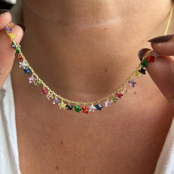 14k Gold Multicolor Star Necklace, Colorful Beaded Star Charm Necklace, Dainty Rainbow Star Chain, 925 Sterling Silver Necklace Gift for Her