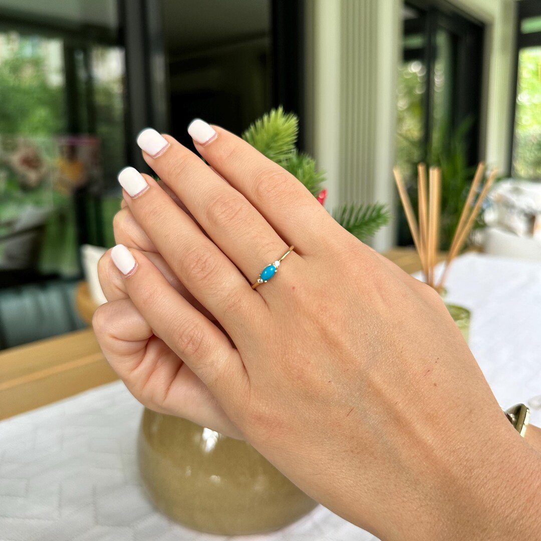 14k Solid Gold Turquoise Ring: Oval Cut Diamond Stacking Ring - Etsy