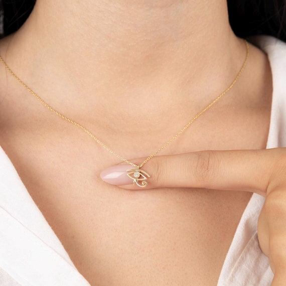 14k Gold Evil Eye of Horus Necklace: Egyptian Protection Pendant Jewelry