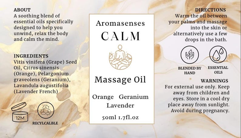 Calm massage oil label