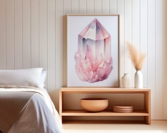 Impressão de cristal rosa, arte de parede para impressão, arte geométrica com pedras preciosas, pôster de pedra curativa, decoração moderna para casa, ilustração mineral, arte ZEN para casa