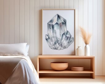 Impressão em cristal de quartzo transparente, arte de parede para impressão, arte geométrica com pedras preciosas, pôster de pedra curativa, decoração moderna para casa, ilustração mineral ZEN