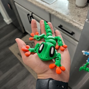 May include: A green and orange articulated gecko toy. The gecko has large black eyes and a segmented body.