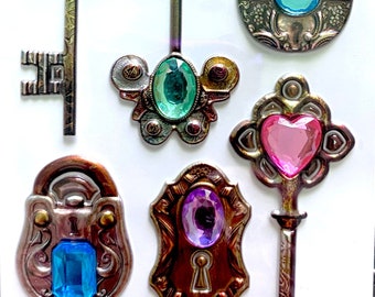 Assorted Jeweled Lock and Key Heart Stickers for Scrapbooks, Cards, Journals