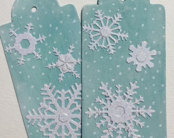 Set of 2 Snowflake Gift Tags Mixed Media Handmade Sparkly Aqua and White