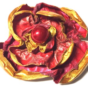 Clearance Tyvek  fiber Flower Brooch Red and Bright Gold
