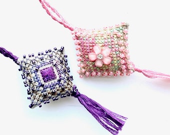 Handmade Royal Victorian & Pink Smile Scissor Fob Pin Cushion  Cross Stitch Needlework Finished Work