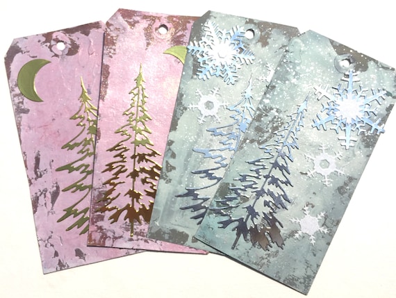 Metallic Trees with Snowflakes or Moon Gift Tag Mixed Media in aqua and Pink