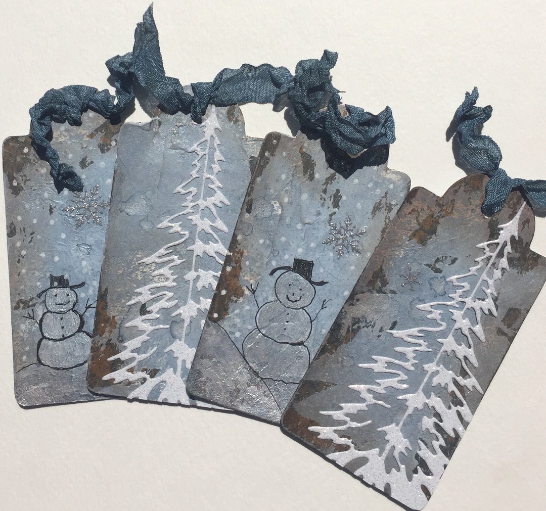 Set of 2 Snow Tree and Snowman Gift Tags Mixed Media Handmade - Etsy