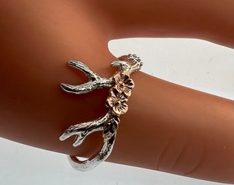 Antler 2 with leaf and cherry blossoms, sterling silver, 14 karat rose gold, antler ring, twig ring, alternative engagement ring, leaf ring