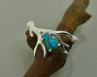 Turquoise  Antler Ring 2, Sterling Silver Antler ring, Alternative Engagement ring, Twig Ring,  Antler Ring, Turquoise ring, deer antler